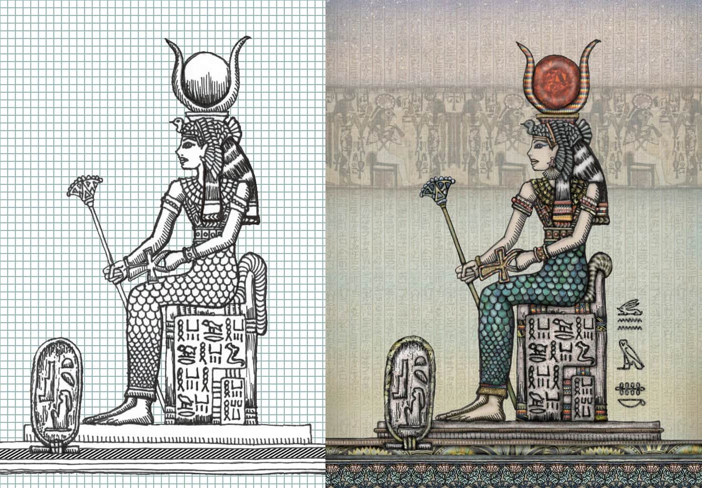 Spirit Keepers 线稿与数字绘制阶段比较