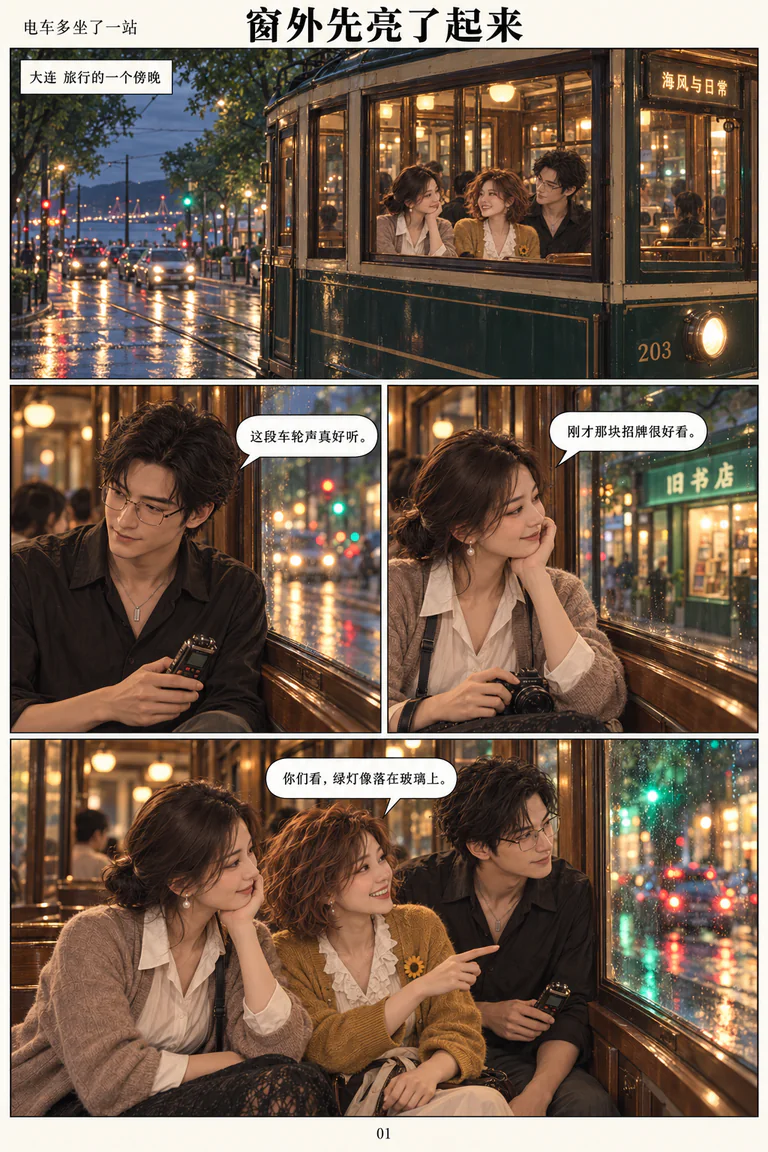 小满 知遥和砚舟坐在大连老电车里看窗外的夜色
