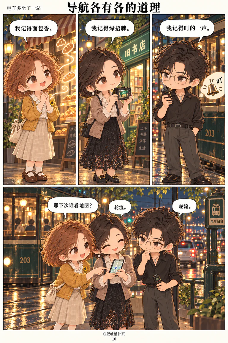 三个人用面包香 绿色招牌和门铃声导航的 Q版漫画