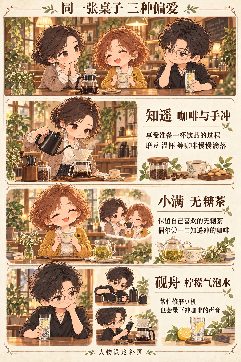 三人的Q版饮品设定页 知遥准备手冲咖啡 小满捧无糖茶并尝咖啡 砚舟喝柠檬气泡水 修磨豆机和录冲咖啡的声音