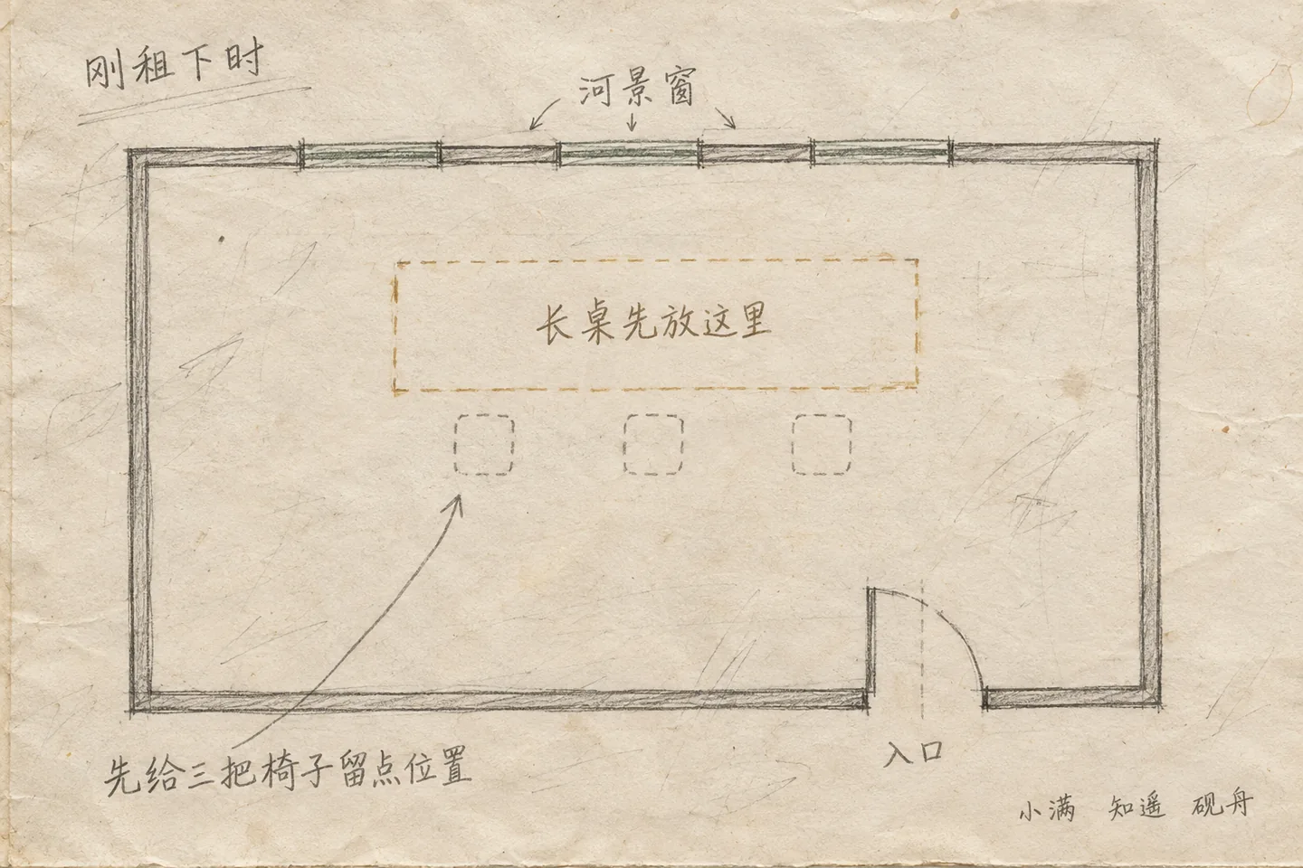 刚租下时画在旧纸上的铅笔平面图 上方三扇河景窗 右下是入口 中间用浅色虚线标出未来长桌和三把椅子的位置 纸边写着先给三把椅子留点位置