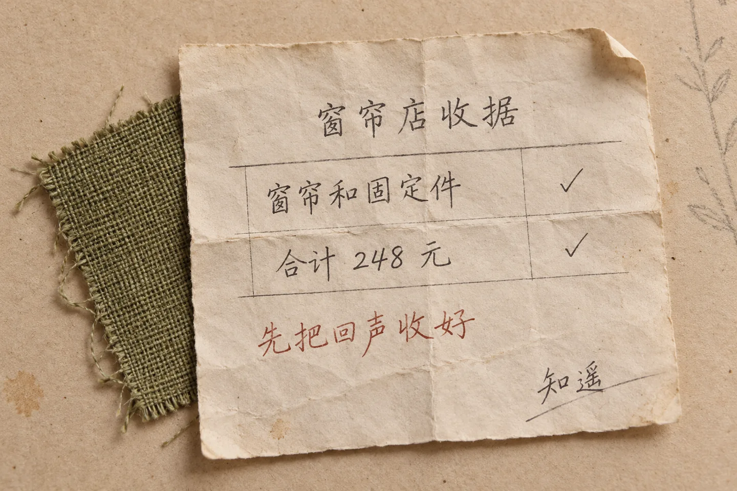 窗帘店留下的收据 折痕和手写批注保留在纸上 厚布窗帘和固定件 合计 248 元 先买够用的长度 灯先缓一缓 回声先收起来