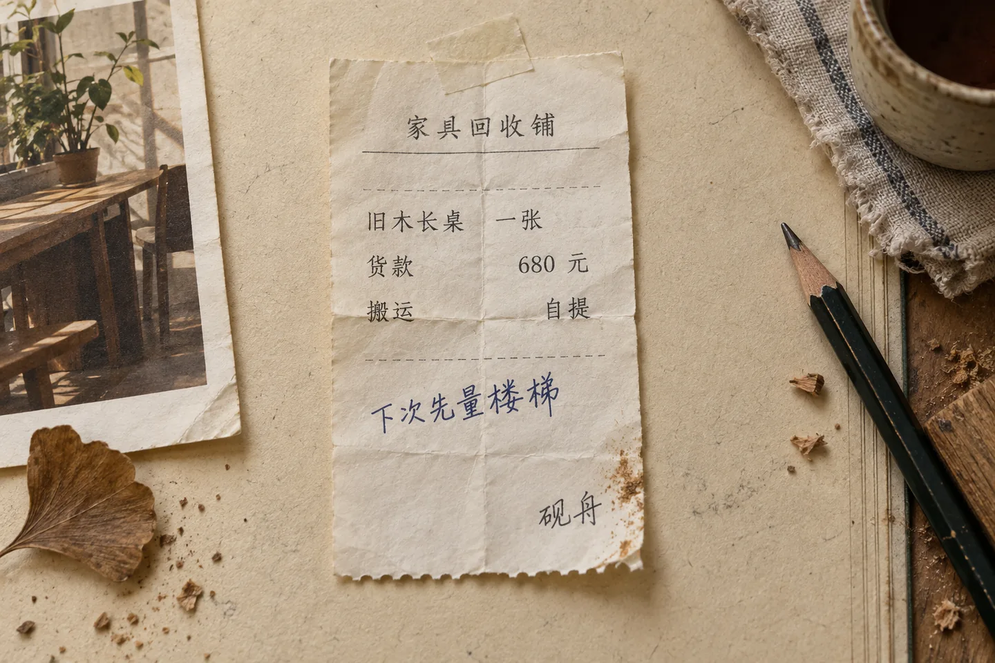 家具回收铺的小票 折痕和手写批注保留在纸上 旧木长桌 一张 货款 680 元 搬运 自提 转角差一点过不去 下次先量楼梯