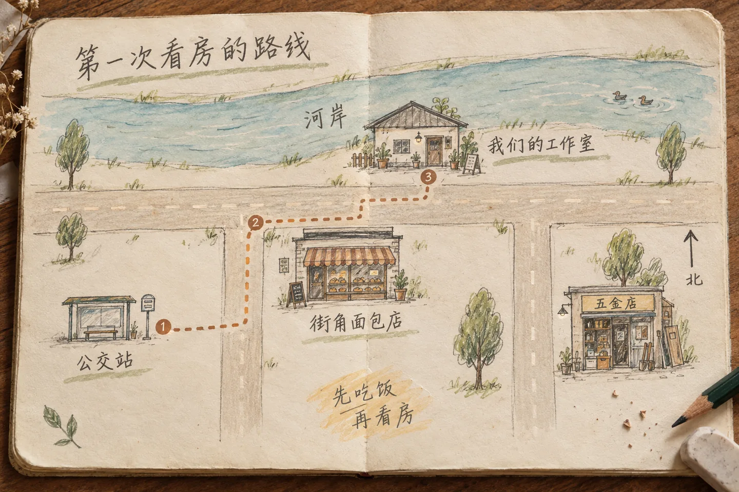 纸质手账上的看房路线地图 铅笔画出公交站 街角面包店 五金店和临河工作室 淡蓝水彩画出河岸 棕色虚线依次连接公交站 面包店和工作室 旁边写着先吃饭再看房