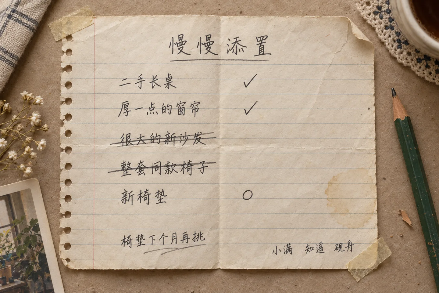折叠过的采购清单 二手长桌与厚窗帘打了勾 大沙发与同款椅子被划掉 新椅垫圈为下个月再挑 三个人在纸边签了名字
