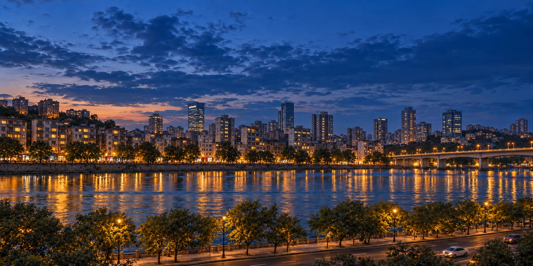 六楼窗外的马路树列与中国现代城市湖岸夜景